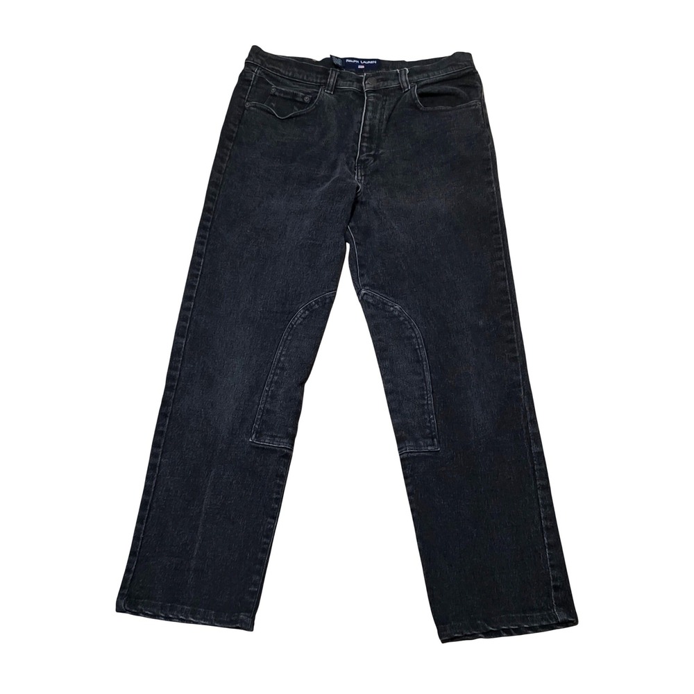 Ralph Lauren Womens Black Denim Jeans Riding Style Knee Patches Straight Leg 14‎